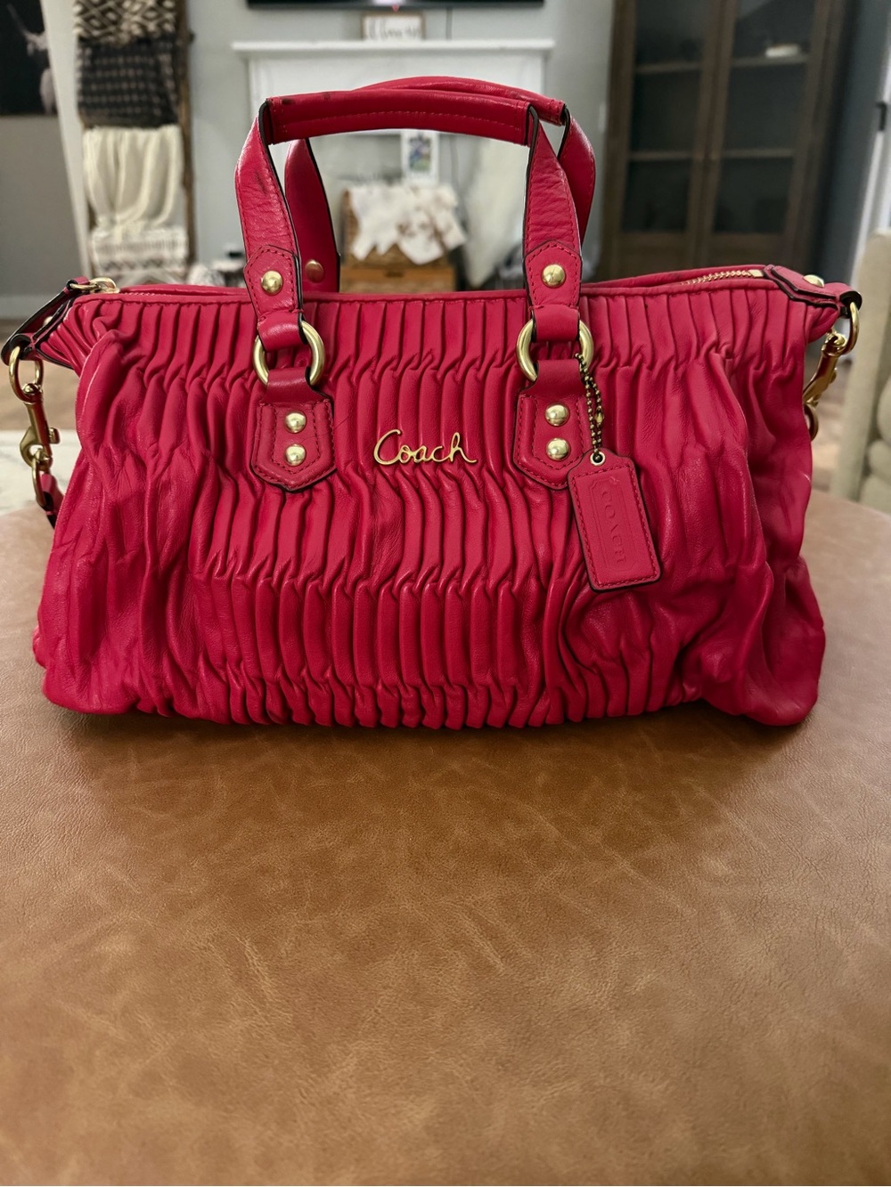 Coach Pink Ruched Leather Satchel with Gold Hardware
